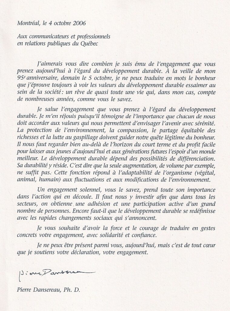 Lettre de Pierre Dansereau.