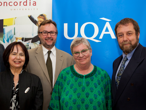 Les auteurs ainsi que Louise Dandurand, vice-rectrice à la recherche et aux études supérieures de l’Université Concordia, et Yves Mauffette, vice-recteur à la recherche et à la création de l’UQAM